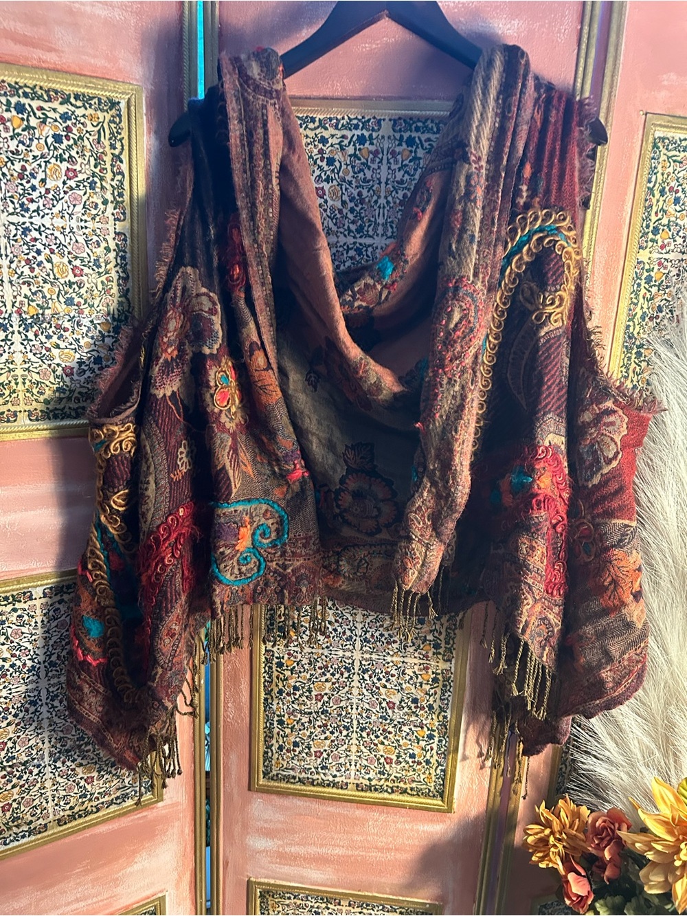 Signals embroidered shawl/scarf/vest reversible